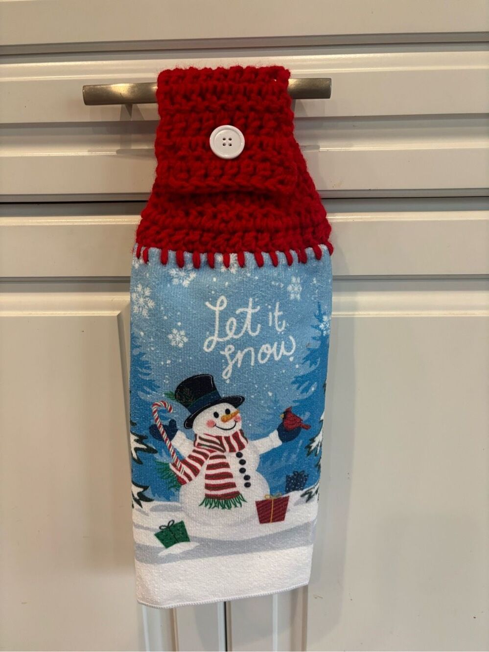 Crochet Top Kitchen Towel- Let it snow (snowman)